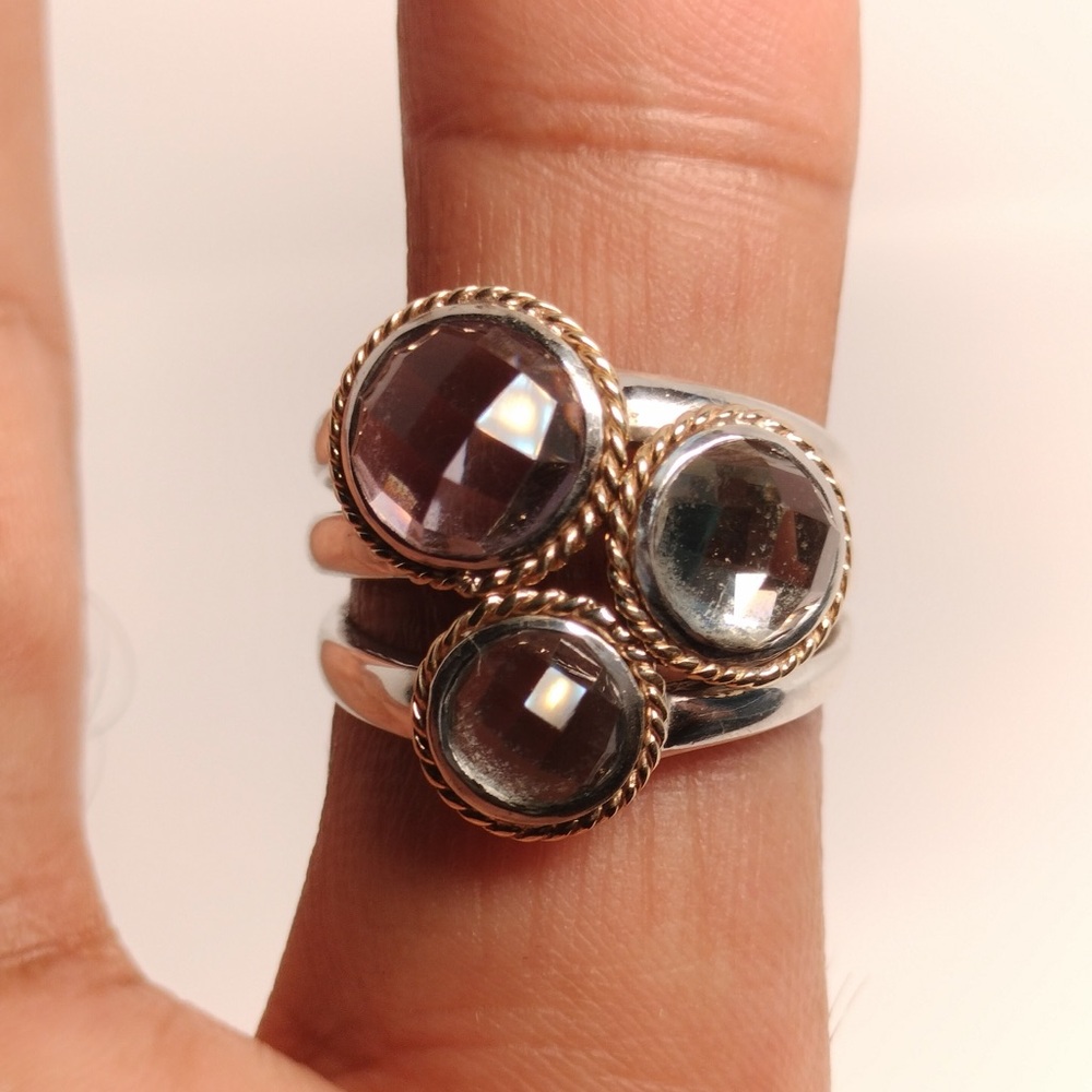 Sterling Silver + 14K Amethyst and Aquamarine Ring Size 7.5
